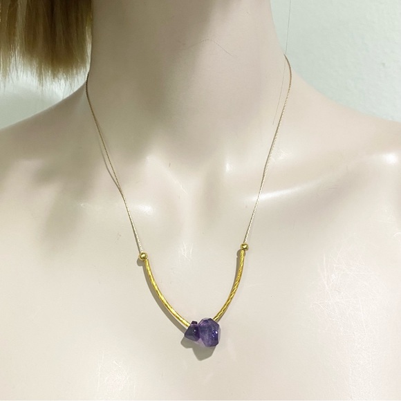 Natural Raw Amethyst Pendant Magnetic Clasp Gold-tone Skinny Chain Necklace - Picture 2 of 15